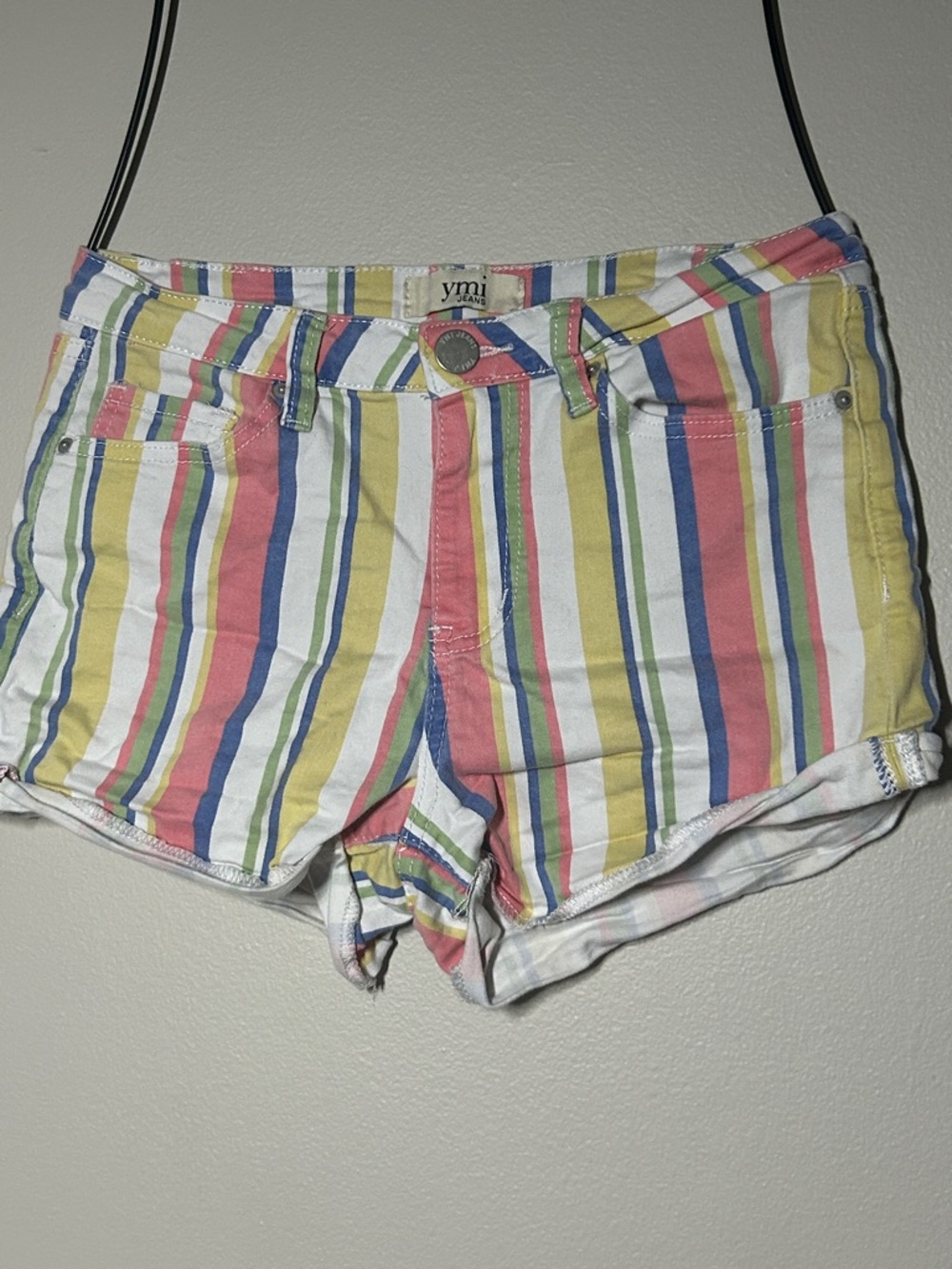 YMI Multicolor Vertical Stripe Jean Shorts — Pink Blue Yellow Green